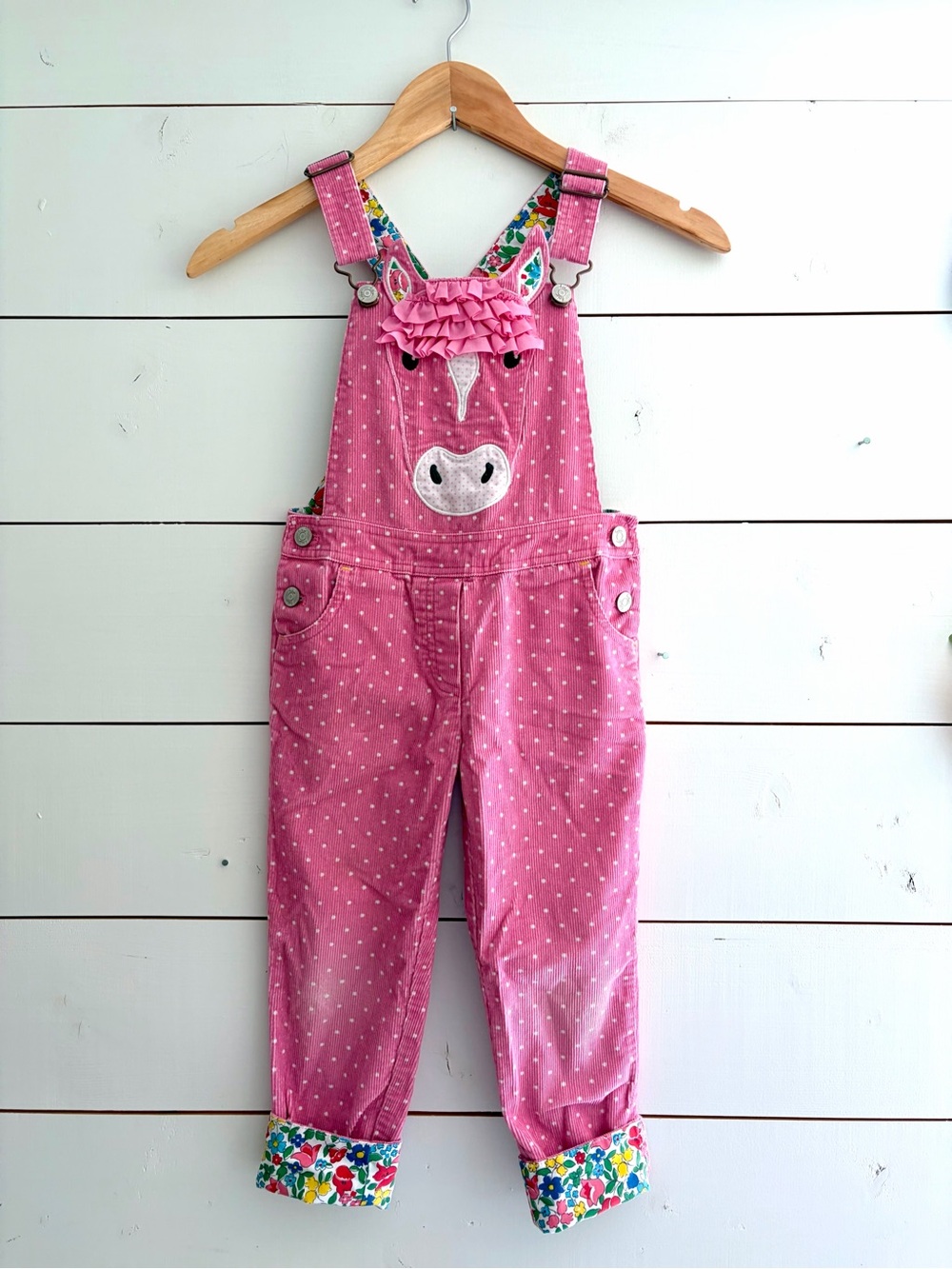 Mini Boden Pink Horse Appliqué Overalls